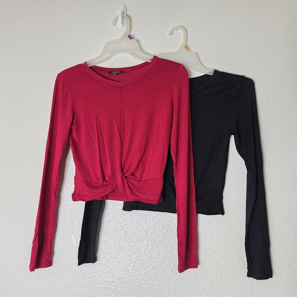 Ambiance Twist Front Crop Tops Lot 2 Red &:Black Long Sleeve Size S